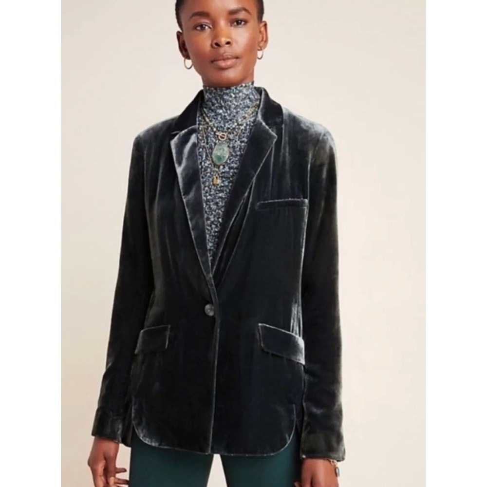Anthropologie Alessa Velvet Blazer in Carbon Blue Green sz M